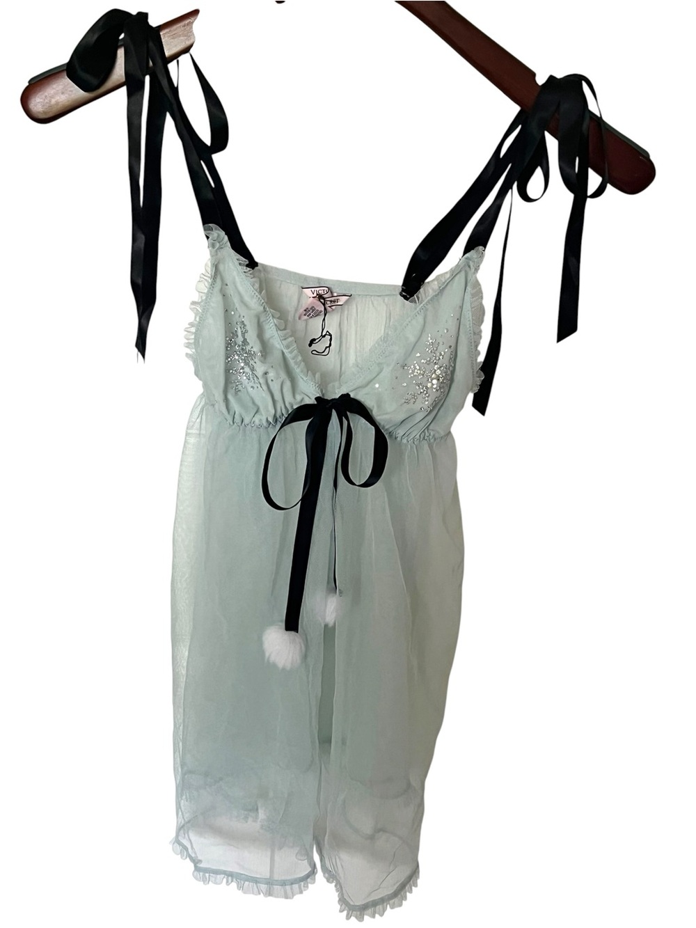 Victoria’s Secret Sheer Ice Blue Babydoll with Black Ribbon Ties Snowflake ❄️